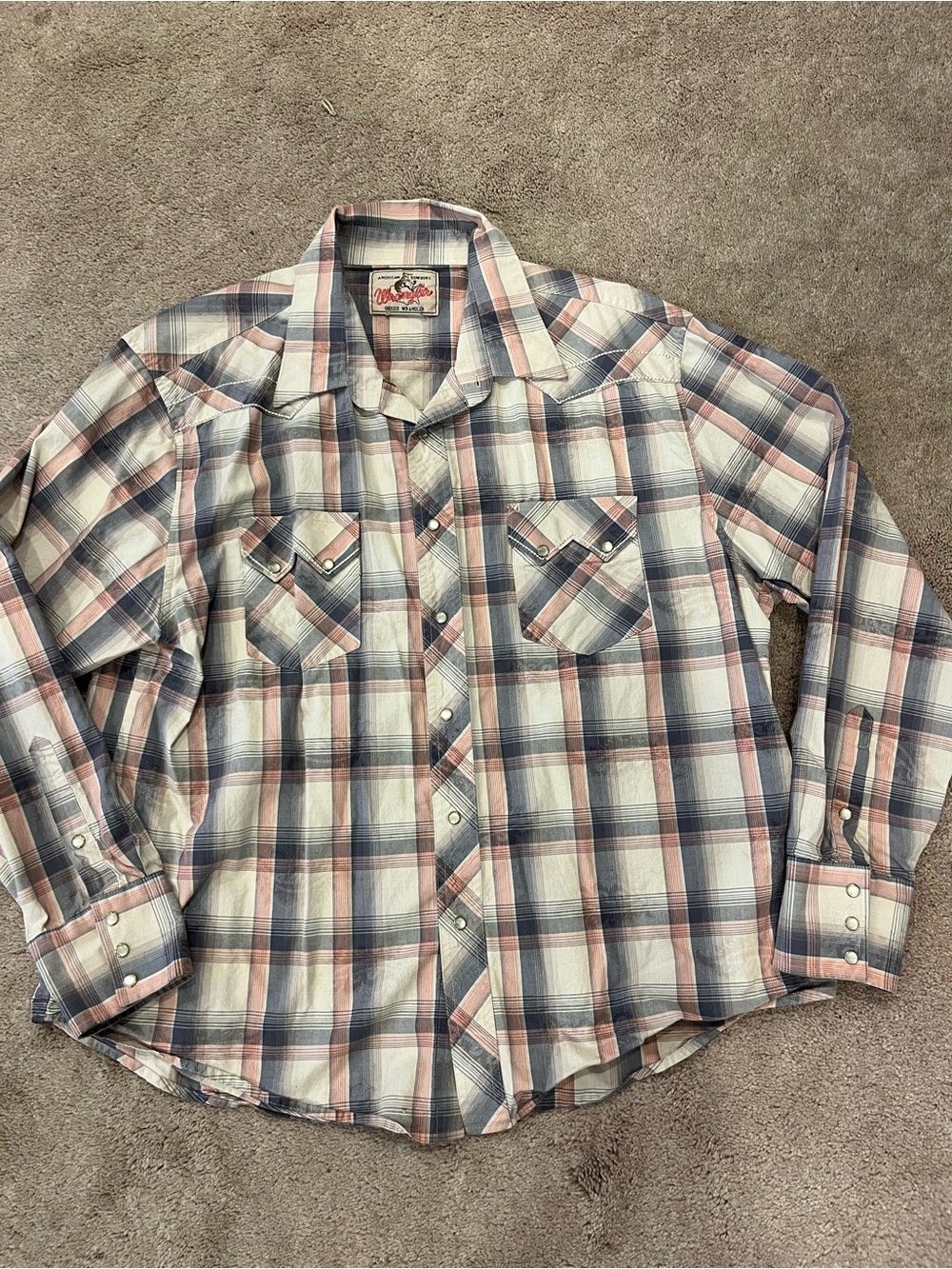 Wrangler Plaid Button-Down Shirt in Blue and Cream with Pink Accents